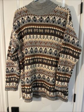 Grace Women's Fair Isle Cowl Sweater in Cream, Gray & Brown